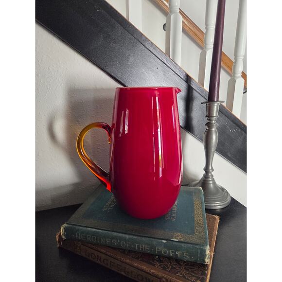 Amberina Red Glass Pitcher 8.75" Handblown Art Glass with Amber Handle Vintage - Picture 1 of 10